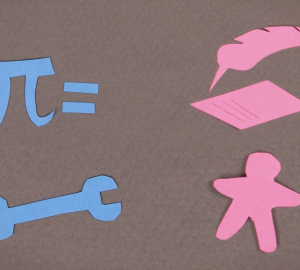 représentations schématiques : maths, clé molette en bleu, écrit, enfant en rose