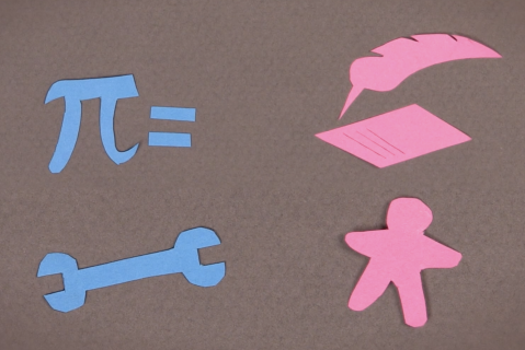 représentations schématiques : maths, clé molette en bleu, écrit, enfant en rose
