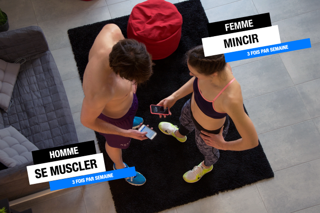 Un homme et une femme en tenue de sport sont vus en plongée. A côté de l&#039;homme le slogan &quot;Se muscler&quot;, à côté de la femme le slogan &quot;Mincir&quot;